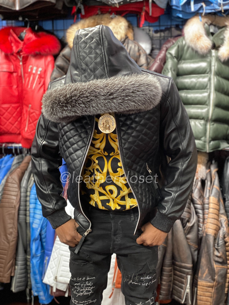 Men's Lucas Quilted Leather Bomber Jacket With Fox Hood [Silver Fox]