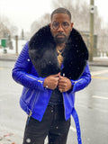 Men's Trey Biker Royal Blue Leather Full Fox Fur Collar [Black Fox]