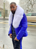 Men's Trey Biker Royal Blue Leather Full Fox Fur Collar [White Fox]
