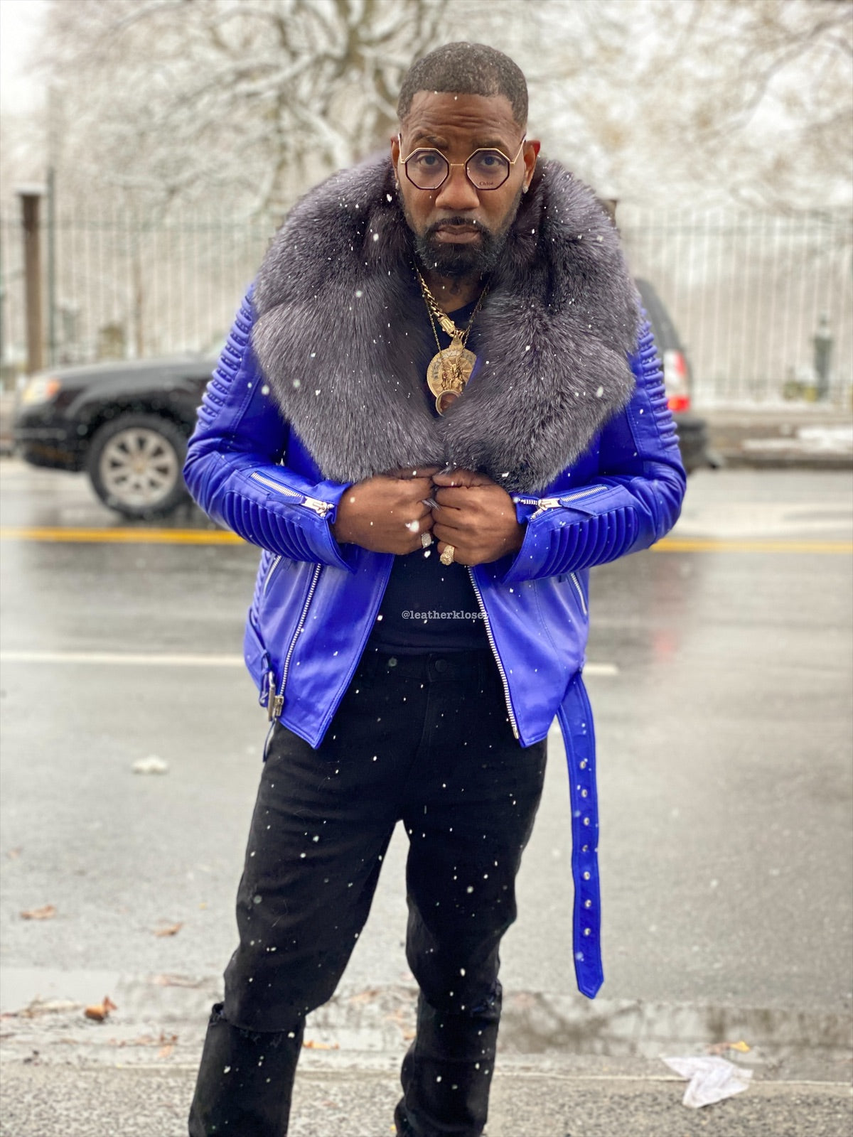 Men's Trey Biker Royal Blue Leather Full Fox Fur Collar [Silver