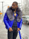 Men's Trey Biker Royal Blue Leather Full Fox Fur Collar [Silver Fox]
