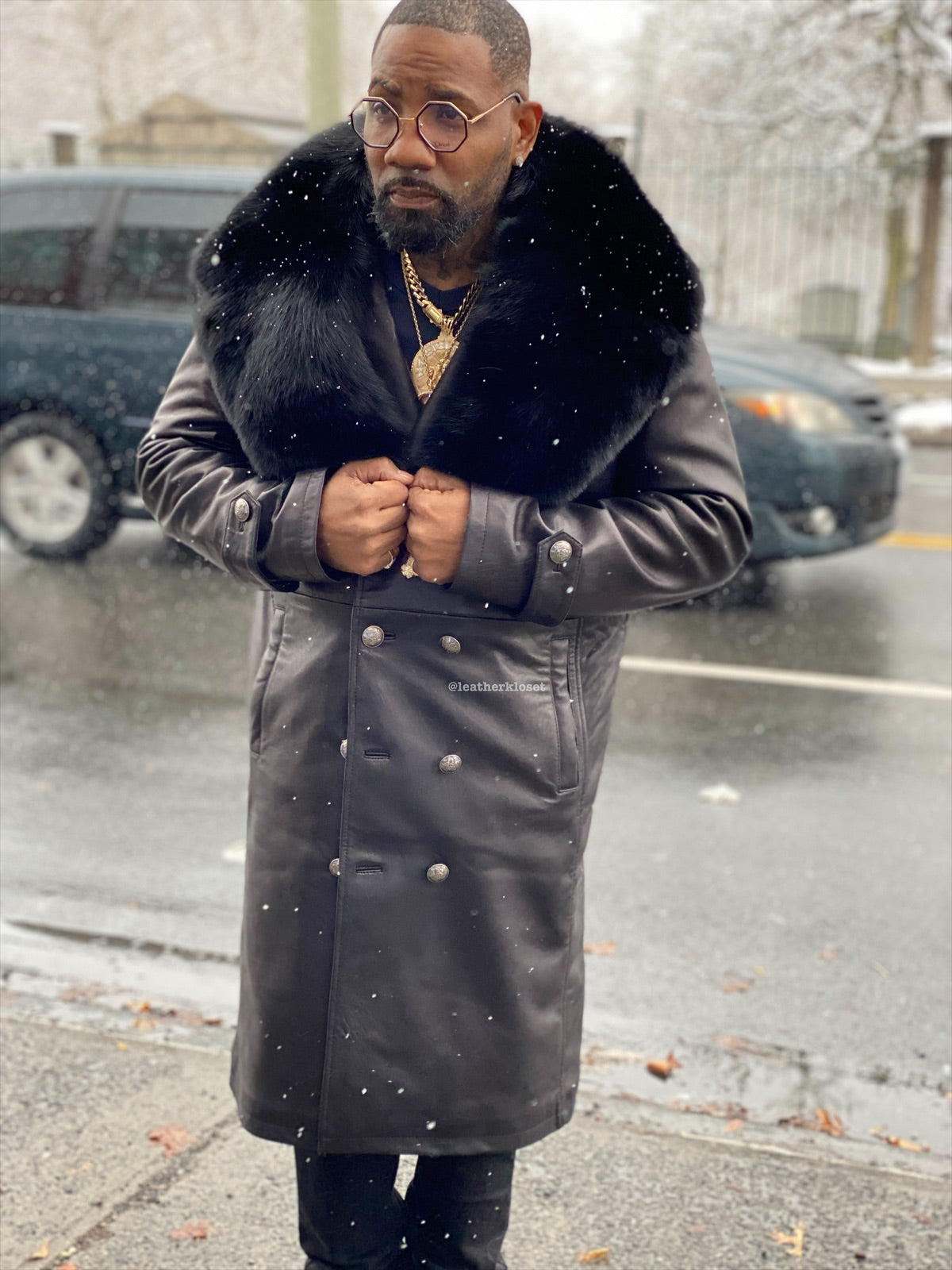 Men's Leather Trench Coat With Fox Fur Collar [Black/Black Fox