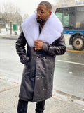 Men's Leather Trench Coat With Fox Fur Collar [Black/White Fox]