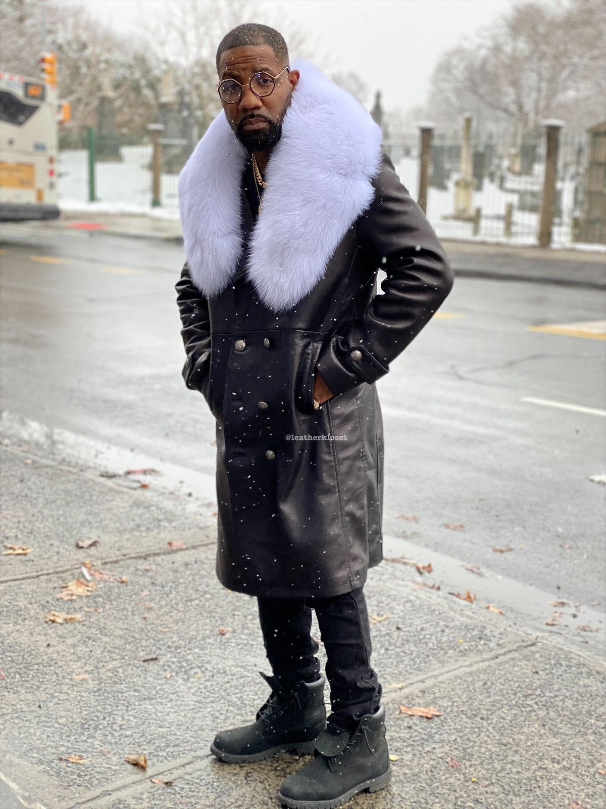 Men's Leather Trench Coat With Fox Fur Collar [Black/White Fox