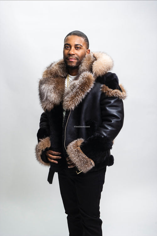 Men's Andre Shearling Biker With Fox [Black/Crystal]