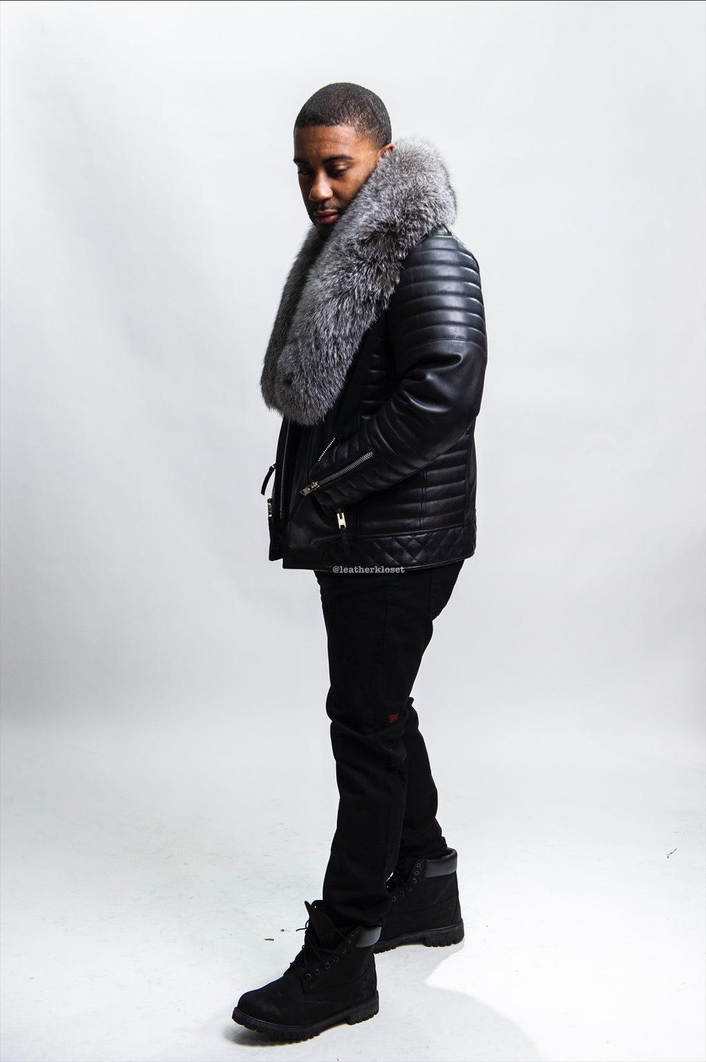 Men's Jay Biker Black With Full Fox Fur Collar [Silver]
