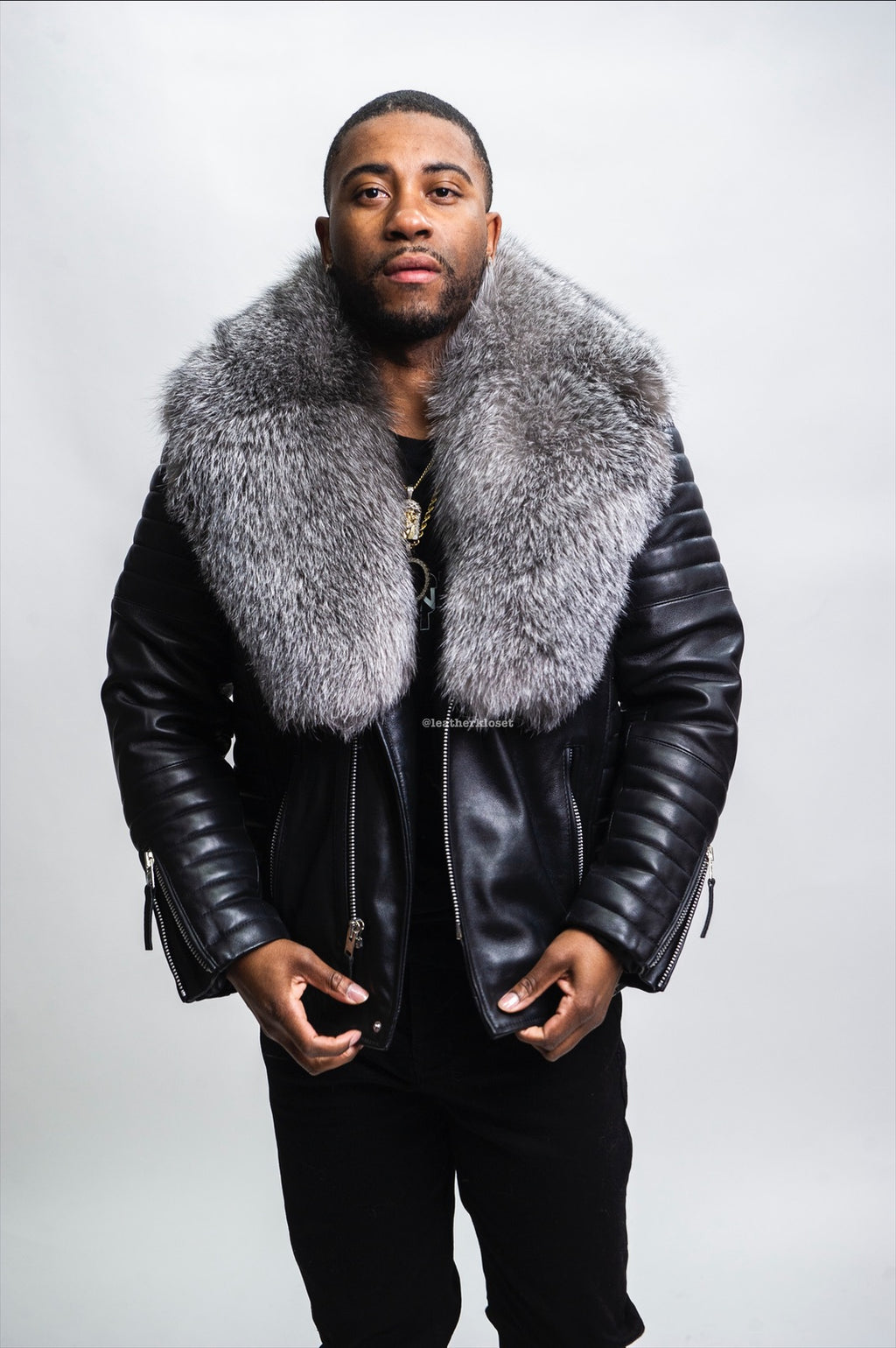 Men's Jay Biker Black With Full Fox Fur Collar [Silver]