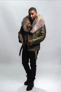 Men's Trey Biker Olive Green Leather Full Fox Fur Collar [Crystal Fox]
