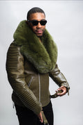 Men's Trey Biker Olive Green Leather Full Fox Fur Collar [Olive Fox]