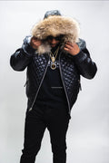 Men's Lucas Quilted Leather Bomber Jacket With Raccoon Hood [Raccoon Fur]