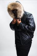 Men's Lucas Quilted Leather Bomber Jacket With Raccoon Hood [Raccoon Fur]
