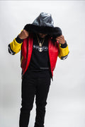 Men's 8 Ball Leather Jacket With Fox Fur Hood [Yellow/Black/Red]