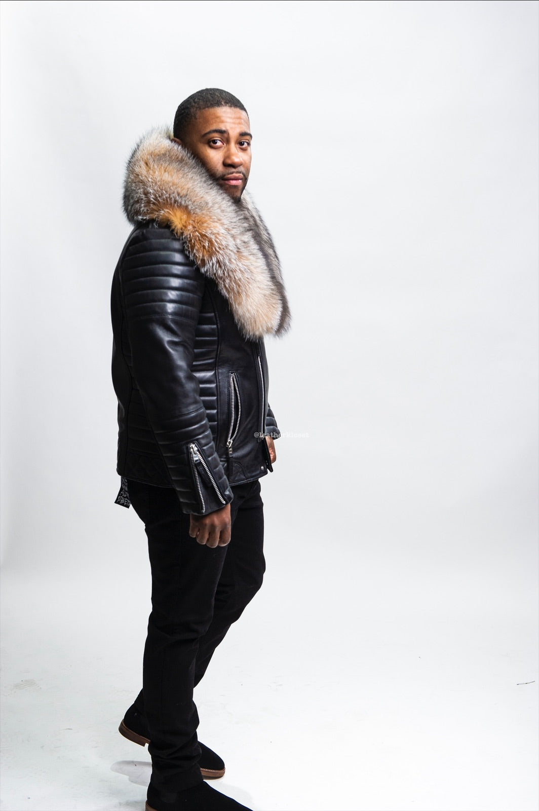 Men's Jay Biker Jacket Black With Full Crystal Fox Collar