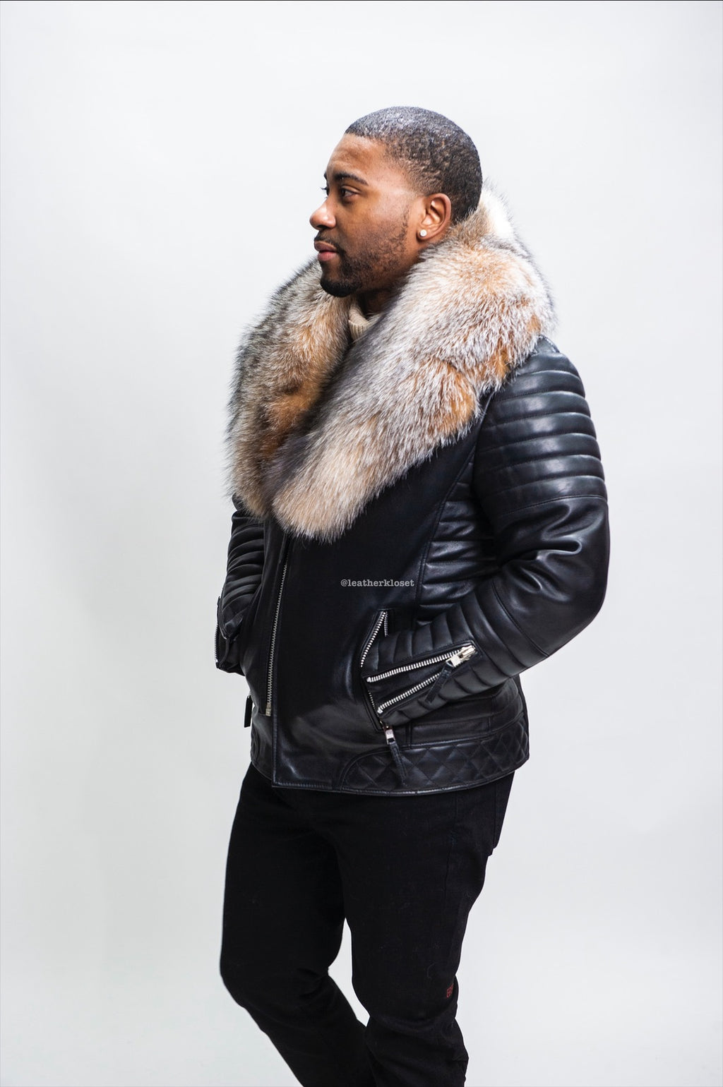 Men's Jay Biker Jacket Black With Full Crystal Fox Collar