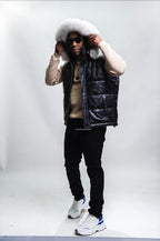 Men's Leather Bubble Vest With Premium Fox Fur Hood
