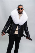 Men's Trey Biker Black Leather Full Fox Fur Collar [Pure White Fox]