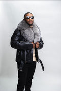 Men's Trey Biker Black Leather Full Fox Fur Collar [Silver Fox]