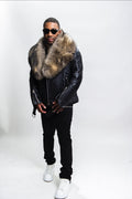 Men's Trey Biker Black Leather Full Fox Fur Collar [Raccoon Fur]