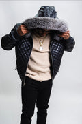 Men's Lucas Quilted Leather Bomber Jacket With Fox Hood [Black/Silver Fox]