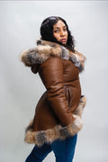 Women's Amber Shearling Sheepskin Jacket With Fox [Brown/Crystal Fox]