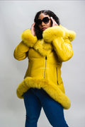 Women's Amber Shearling Sheepskin Jacket With Fox [Yellow/Yellow Fox]