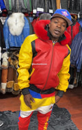 Men's 8 Ball Leather Jacket With Fox Fur Hood [Yellow/Black/Red]