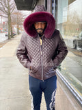 Men's Lucas Quilted Leather Bomber Jacket With Fox Hood [Wine]