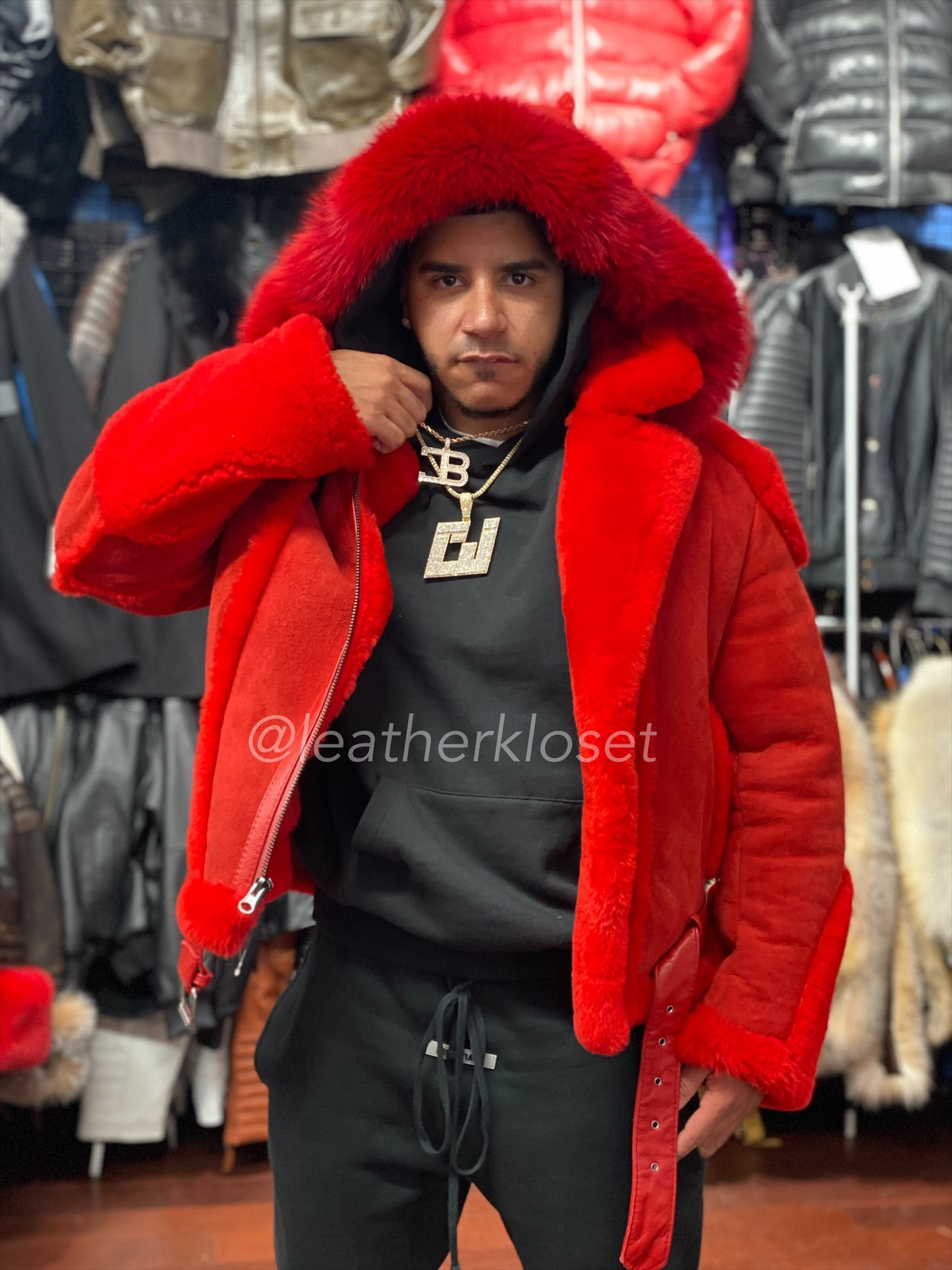 Men's Classic Sheepsking Shearling Biker With Hood