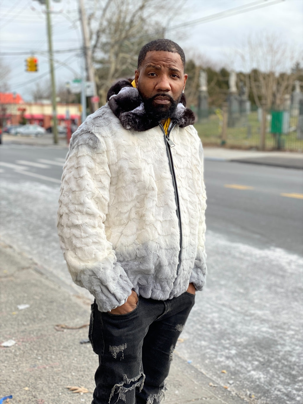 Men's Mink with Fox Fur Bomber Jacket With Chinchilla Collar [Multi-Gray]