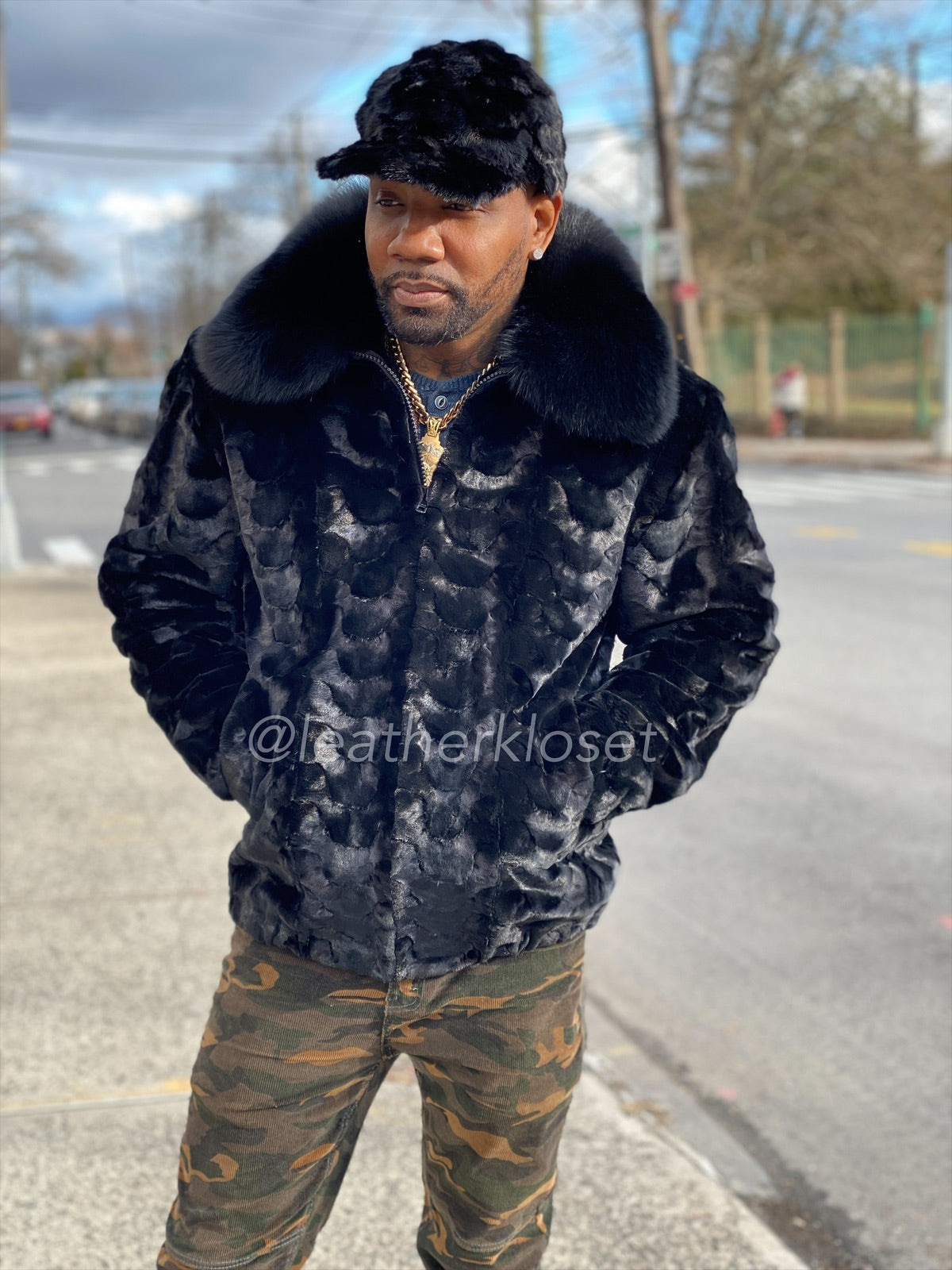 Men's Mink Bomber Jacket With Matching Cap [Black] – LeatherKloset