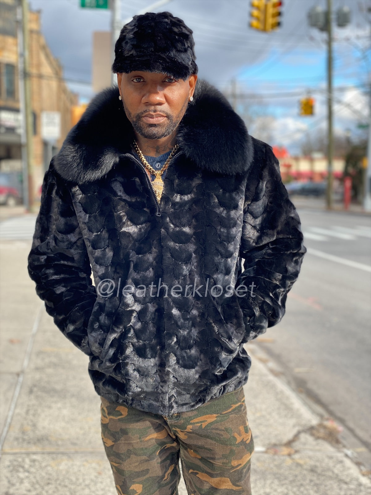 Men's Mink Bomber Jacket With Matching Cap [Black] – LeatherKloset