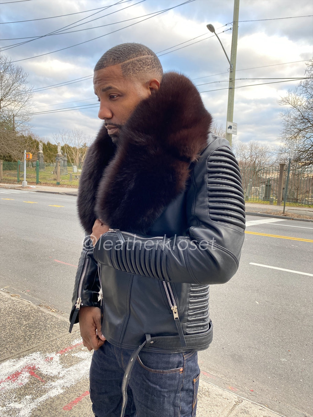 Men's Trey Biker Full Fox Fur Collar [Chocolate Fox]