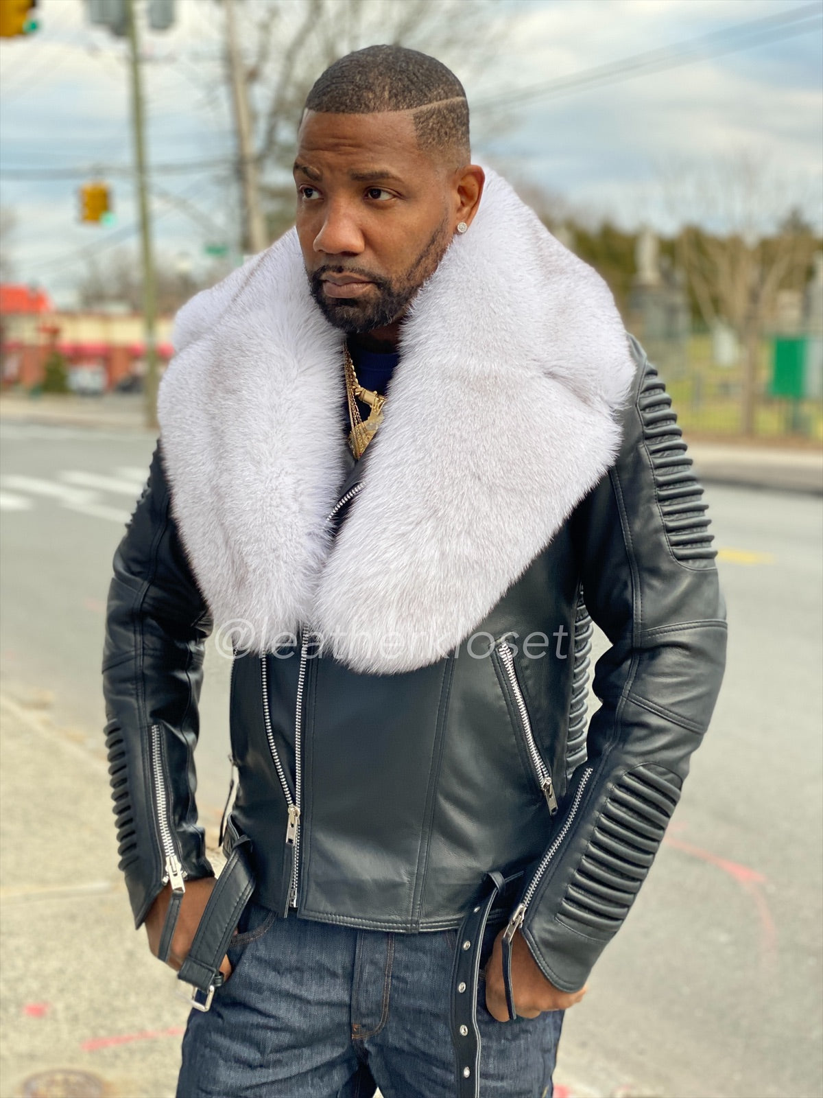 Men's Trey Biker Full Fox Fur Collar [Natural White Fox