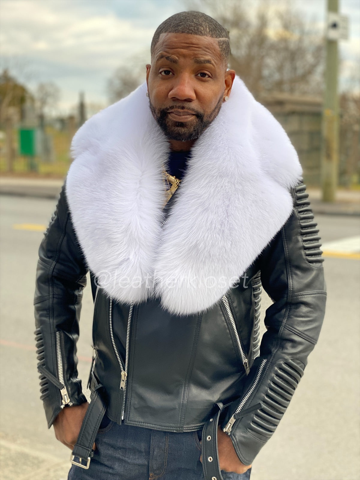 Men's Trey Biker Full Fox Fur Collar [Pure White Fox] – LeatherKloset