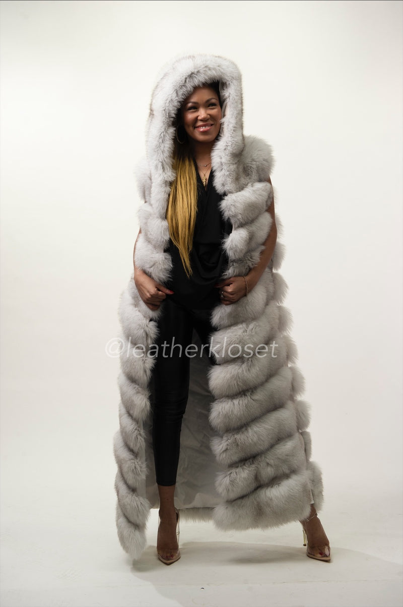 Women's Long Fox Fur Vest With Hood [Natural White]