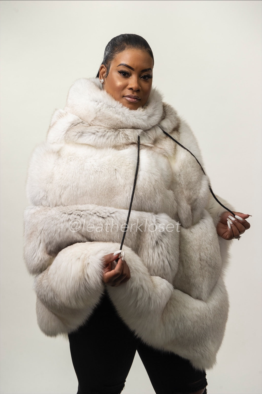 Women's White Fox Fur Coat with Hood