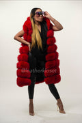 Women's Mia Fox Fur Vest With Hood [Red]