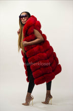 Women's Mia Fox Fur Vest With Hood [Red]