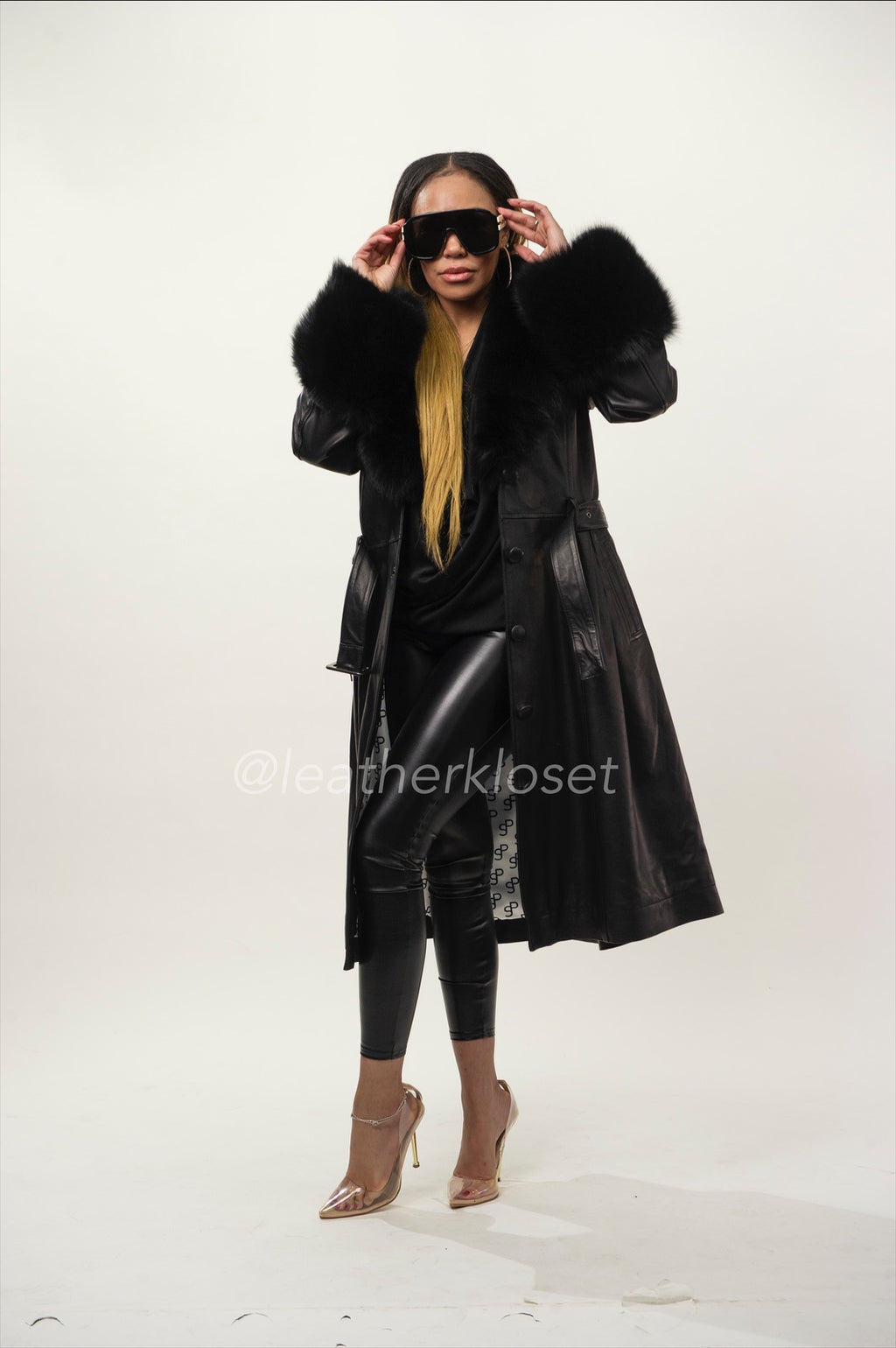 Women's Leather Trench With Full Fox Fur [Black]