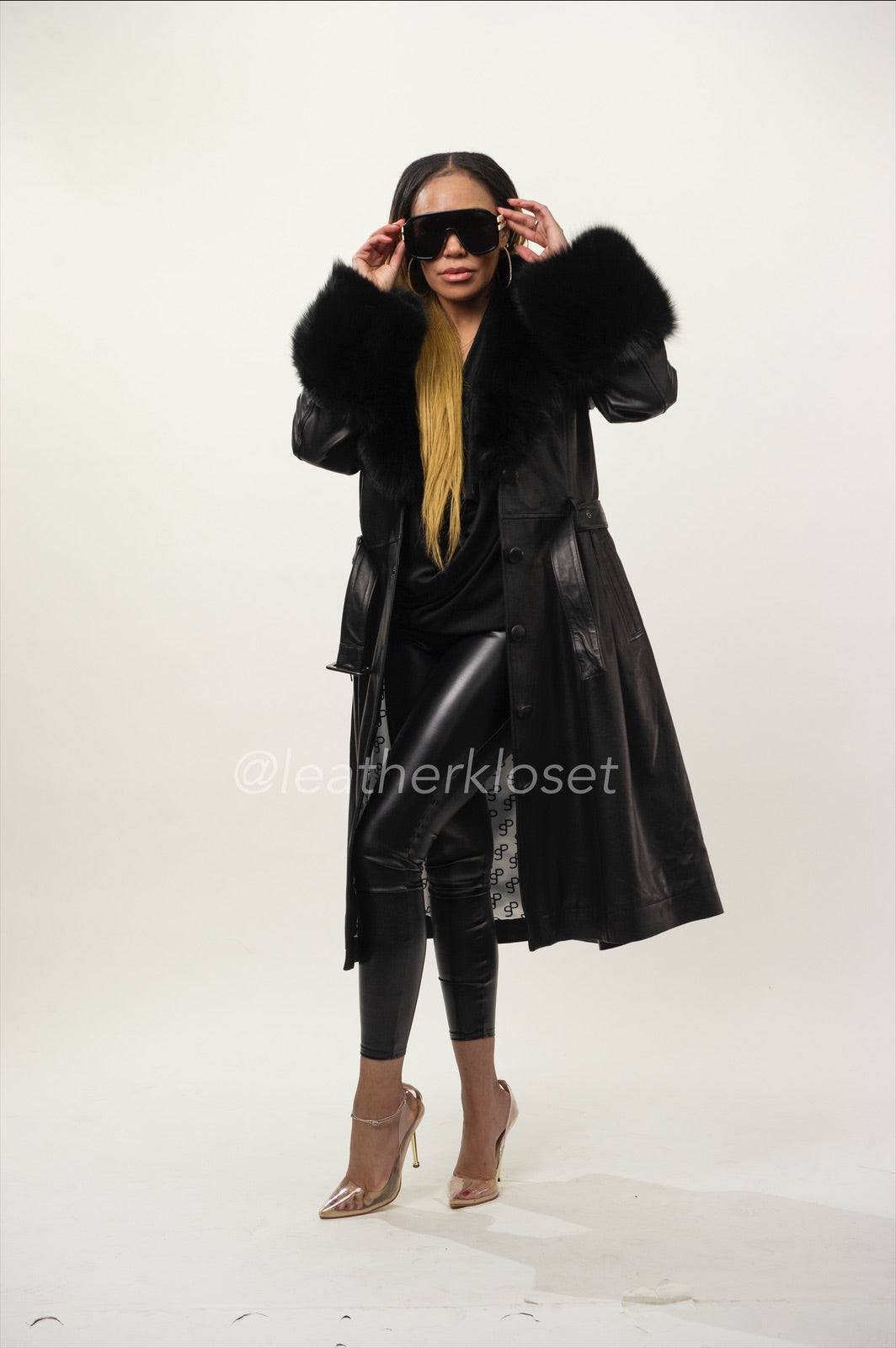 Women's Leather Trench With Full Fox Fur [Black]