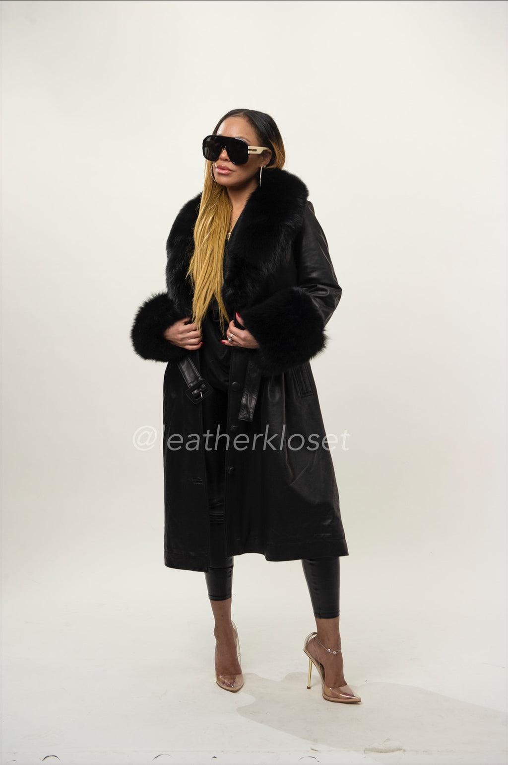 Women's Leather Trench With Full Fox Fur [Black]