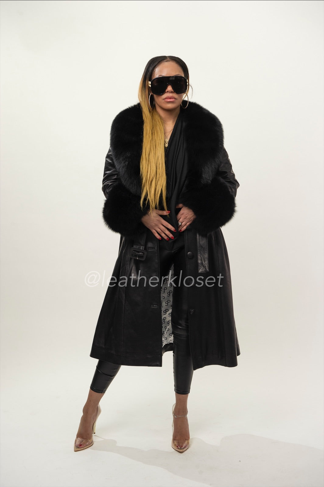 Women's Leather Trench With Full Fox Fur [Black]