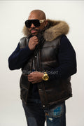 Men's Leather Bubble Vest Copper With Premium Raccoon Hood