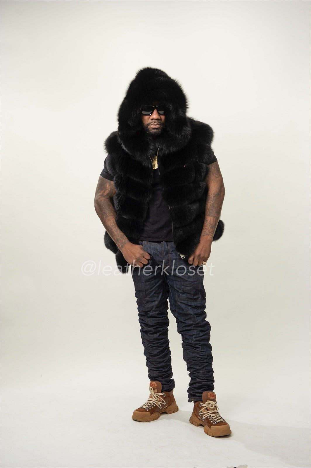 Men's Fox Fur Vest Black With Hood