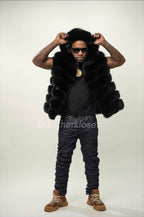 Men's Fox Fur Vest Black With Hood