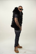 Men's Fox Fur Vest Black With Hood