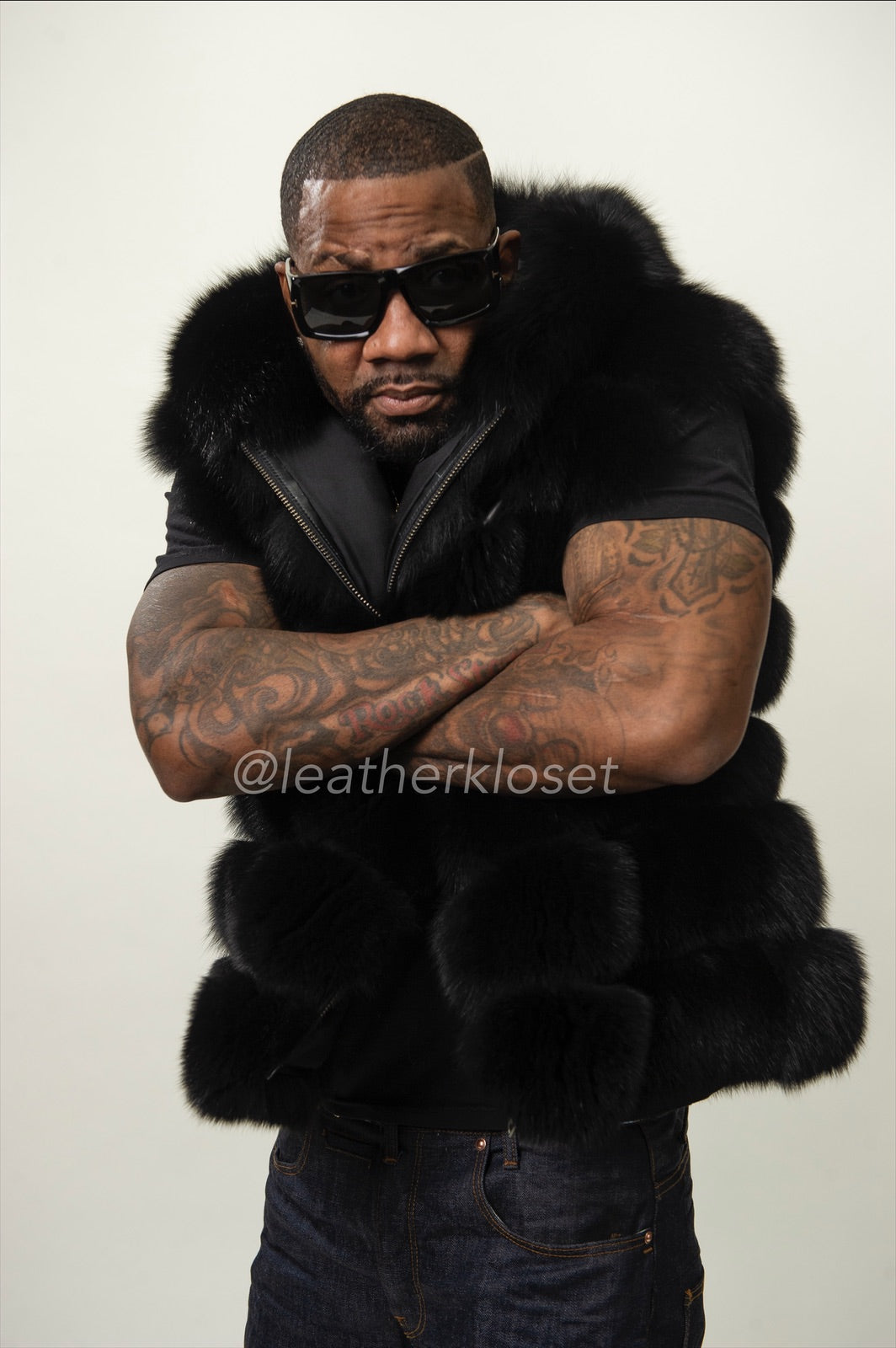 Men's Fox Fur Vest Black With Hood