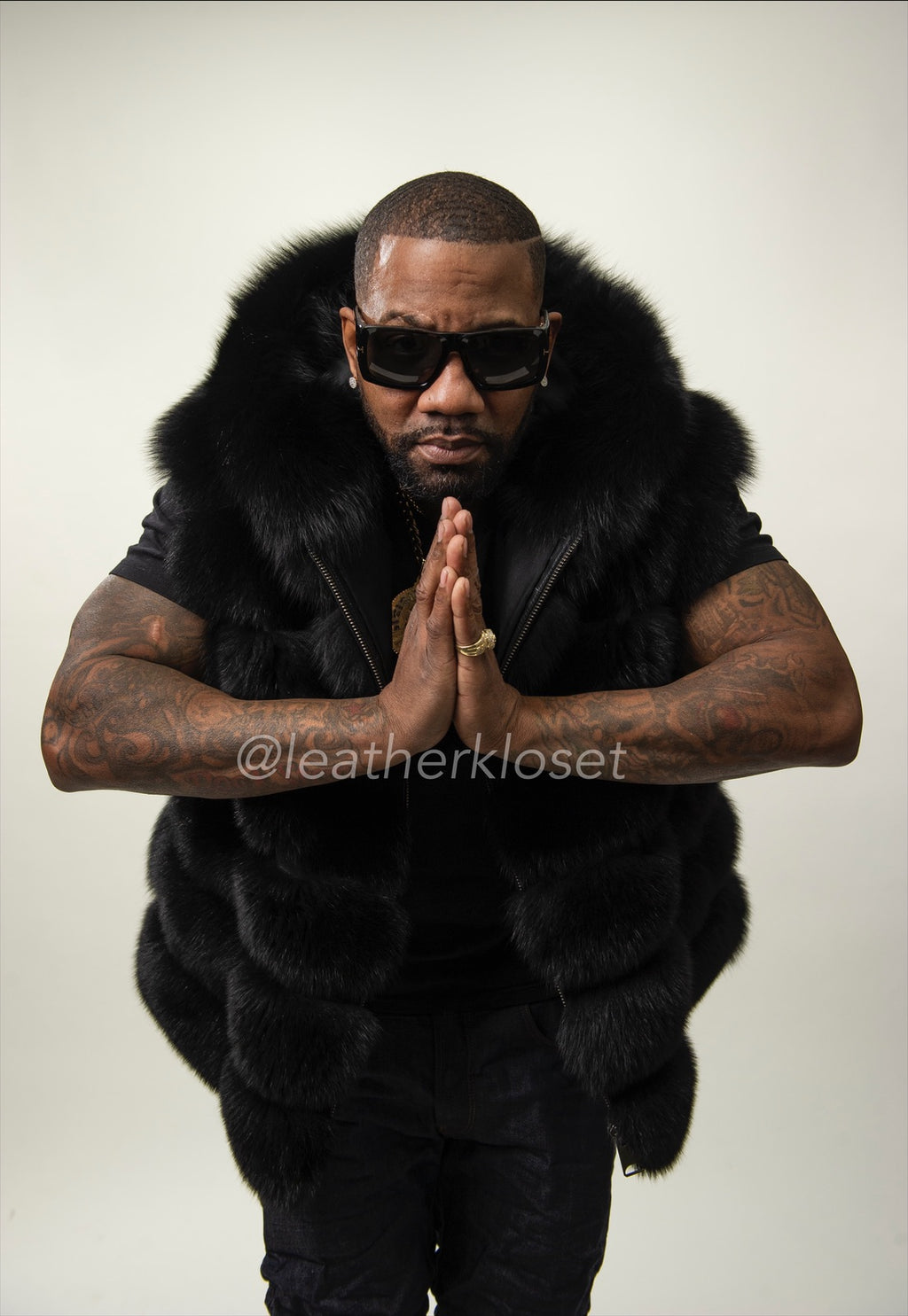 Men's Fox Fur Vest Black With Hood