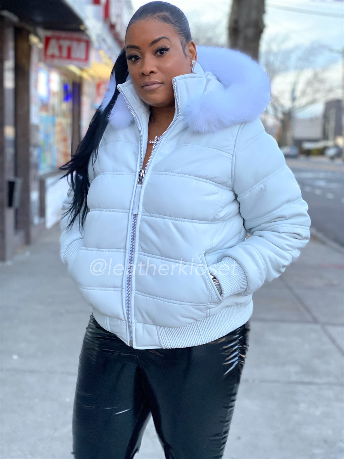 Women's Leather Snorkel Bomber Jacket Premium Fox Fur Hood