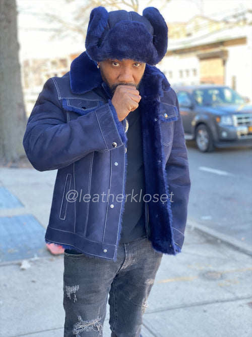 Mens Troy Shearling Jacket With Hat [Navy]